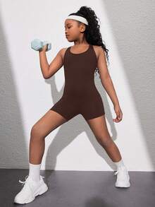 SHEIN Tuta casual sportiva da ragazza tween, scollo a U, schiena aperta, abbigliamento da yoga e attività fisica, primavera/estate - Castano - Visualizzare 2