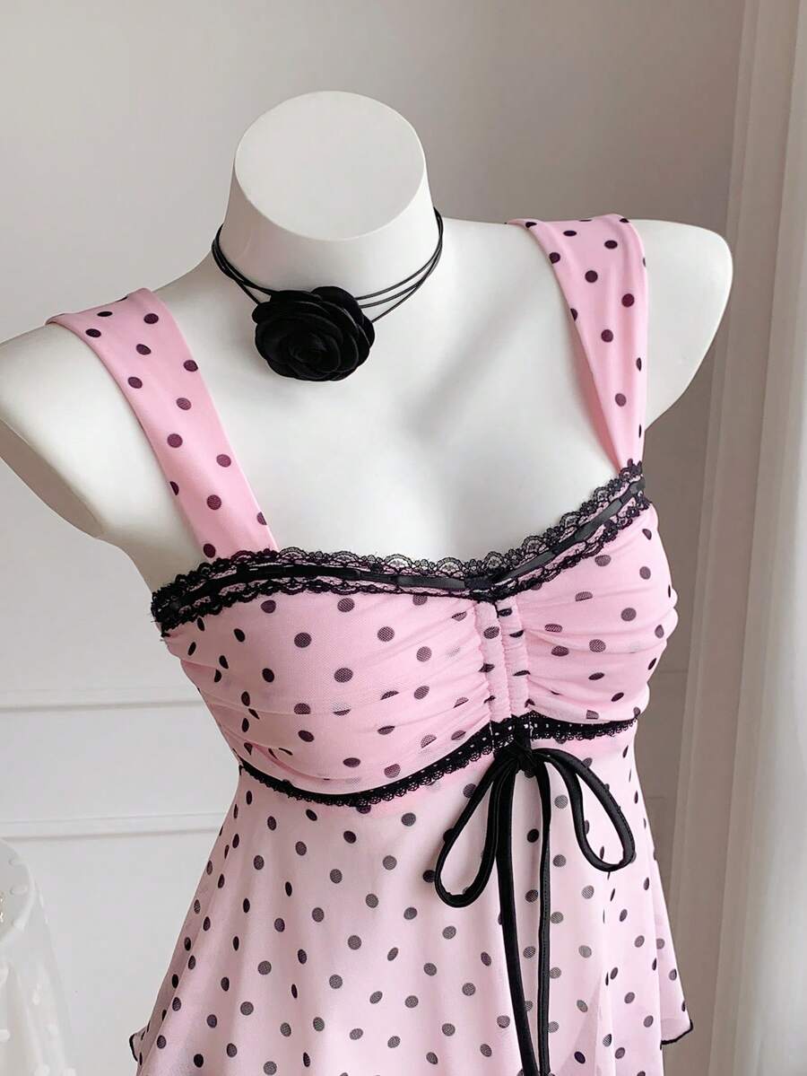 Comfortcana 2026新款夏季服装/夏季上衣/春季女装/冬季服装/节日服装/复活节/派对上衣/女士沙滩装/婚礼/母亲毕业礼服/优雅女士衬衫/休闲女士衬衫/女士度假装/女士运动装/女士社交衬衫/奢华/Y2K复古上衣/女士职业装/乡村音乐会服装/亮片/荷叶边上衣/女士印花T恤/白色上衣/粉色网纱波点系带半身裙 - 粉色 - 查看 1