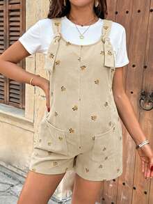 SHEIN Maternity Embroidered Minimalist Casual Jumpsuit - Apricot - View 4