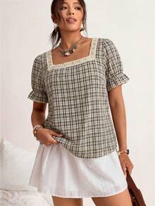 Freevana 大码格子方领短袖衬衫 - 黑色 - 查看 6