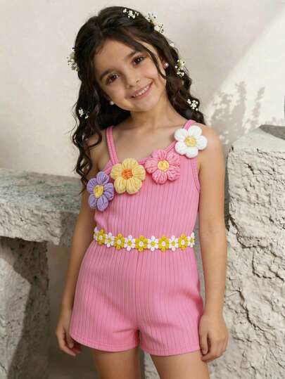 1pc Young Girls Sweet & Cute Colorful 3D Floral Decor Ribbed Texture Belted Romper, Sleeveless Asymmetrical Shoulder Jumpsuit For Casual Daily & Outdoor Wear, Spring/Summer