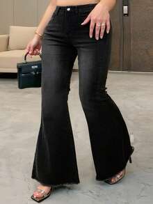 Dazy Plus 弹力水洗做旧环绕式喇叭长款女童牛仔裤，适合所有季节 - 黑色 - 查看 4