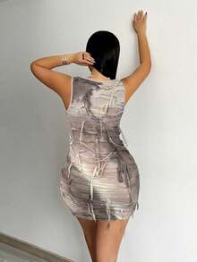 VaVaBold Women's Tie-Dye Round Neck Fashionable Date Night Party Mini Dress - Apricot - View 2