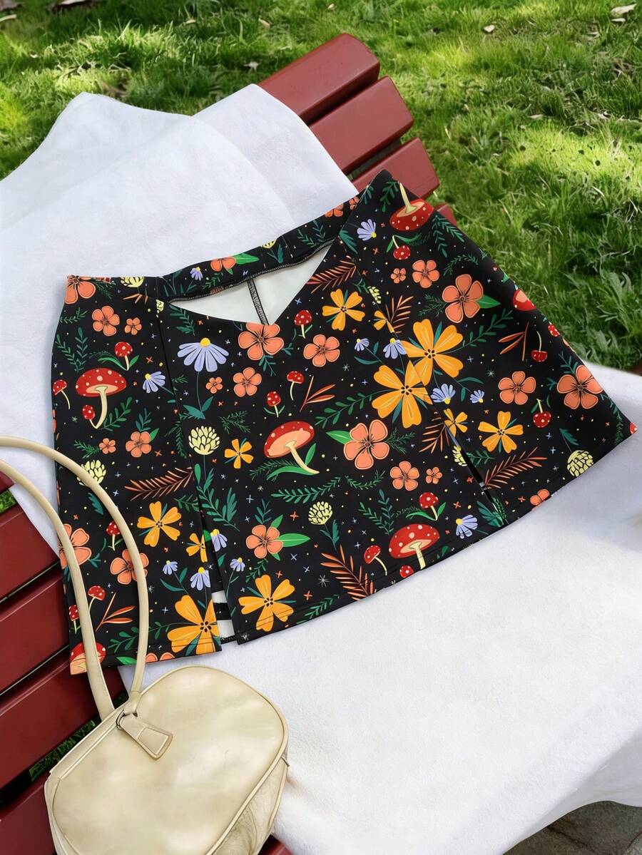 Sweetra Váy quần cỡ lớn dành cho nữ, kiểu dáng họa tiết nấm, xẻ tà phía trước, cạp chữ V. - Nhiều màu - Xem 1