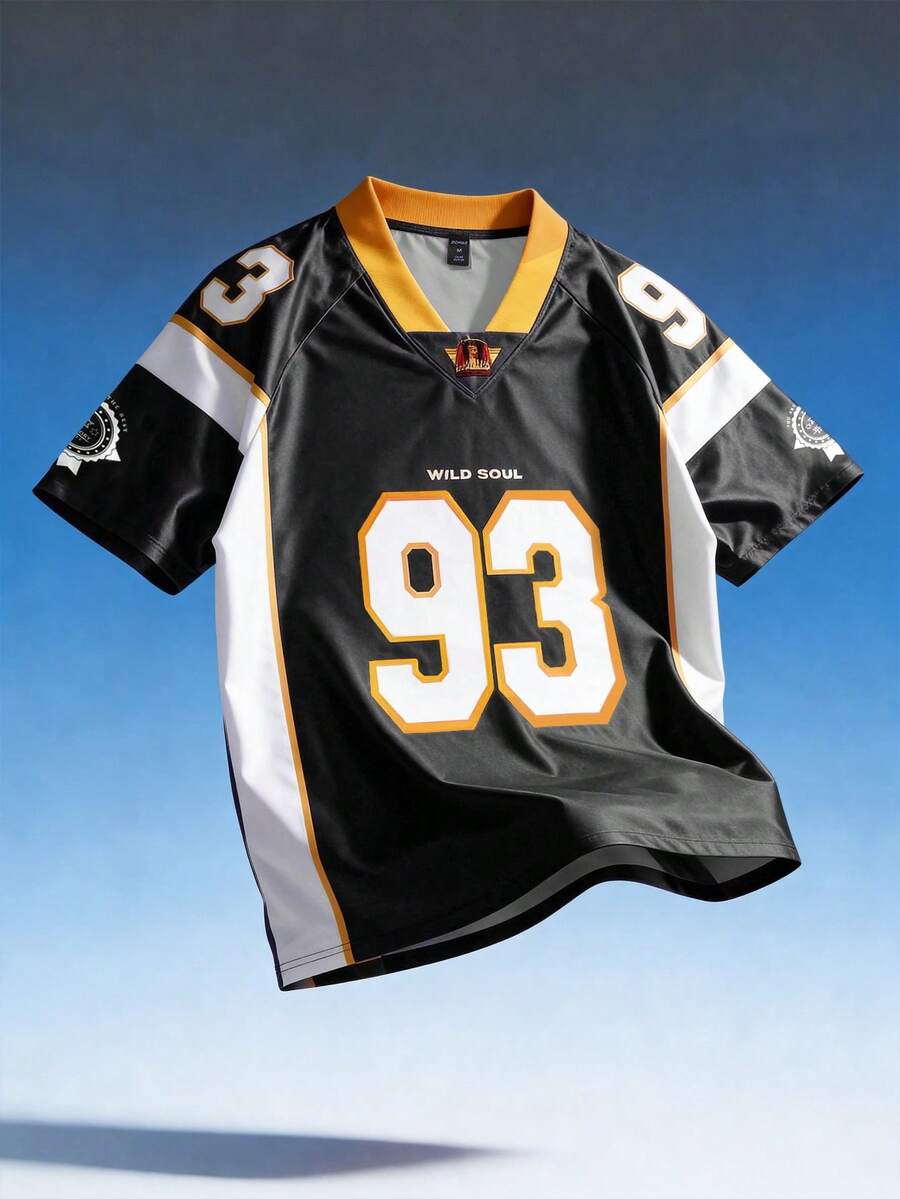 ROMWE MEN Street Life World Cup Men's Summer Numeric & Letter Print Contrast Color Sports Jersey T-Shirt - Black - View 1