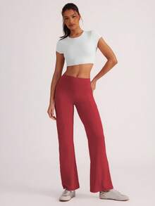 SHEIN Sports Celana Panjang Wanita Polos Kasual untuk Olahraga dengan Model Kaki Mengembang - Merah - View 4