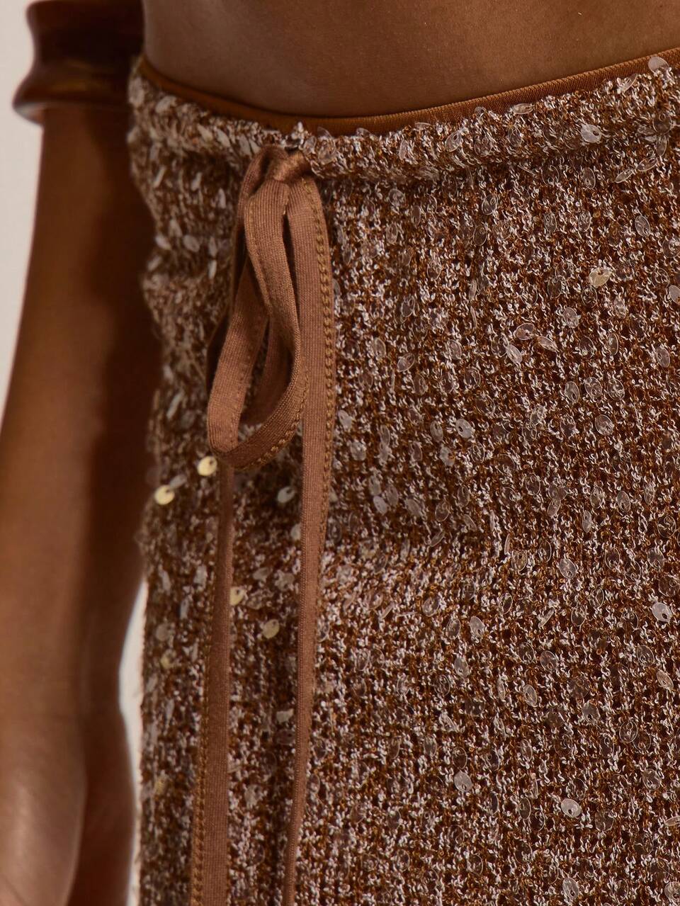 Bronze Brown Strappy Sequin Open Back Bralet With Low Rise Drawstring Maxi Skirt Coord Sold As Set