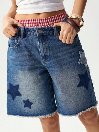 Bohemela 夏季波西米亚风复活节音乐节休闲度假日常穿着纯色梭织牛仔宽松阔腿短裤（女款）