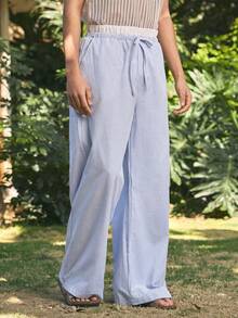 Open Phase Men's Woven Striped Loose Wide-Leg Casual Straight Pants, Going Out Long Drawstring Baggy Basic Light Blue Slacks Pants, Fits Daily Wear, Husband, Boyfriend Gifts, Fall - Baby Blue - View 4