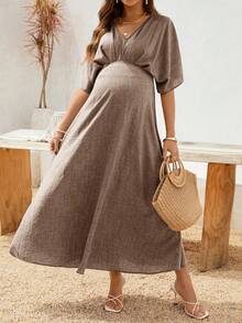 SHEIN Maternity V-Neck Ruched Waist Casual Dress For Summer - Camel - View 3