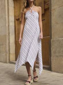 Nöista Vacation Casual Striped Asymmetric Hem Backless Halter Dress - Red - View 1