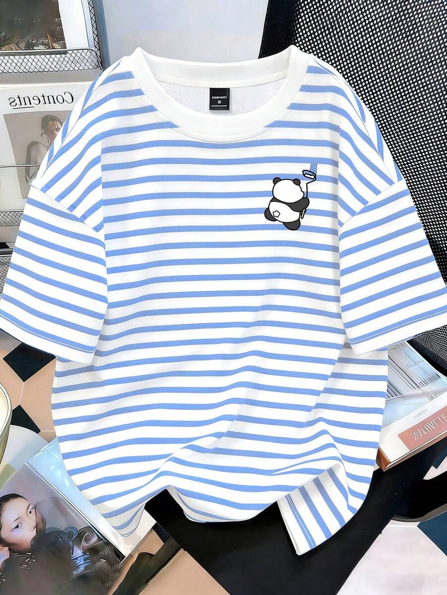 Manfinity Joysei 男士卡通熊猫条纹印花圆领短袖休闲T恤 - 彩色 - 查看 1