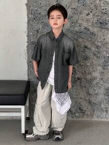 Dazy Kids Tween Boy Solid Color Front Button Pocket Casual Short Sleeve Denim Shirt Summer - Grey - View 1