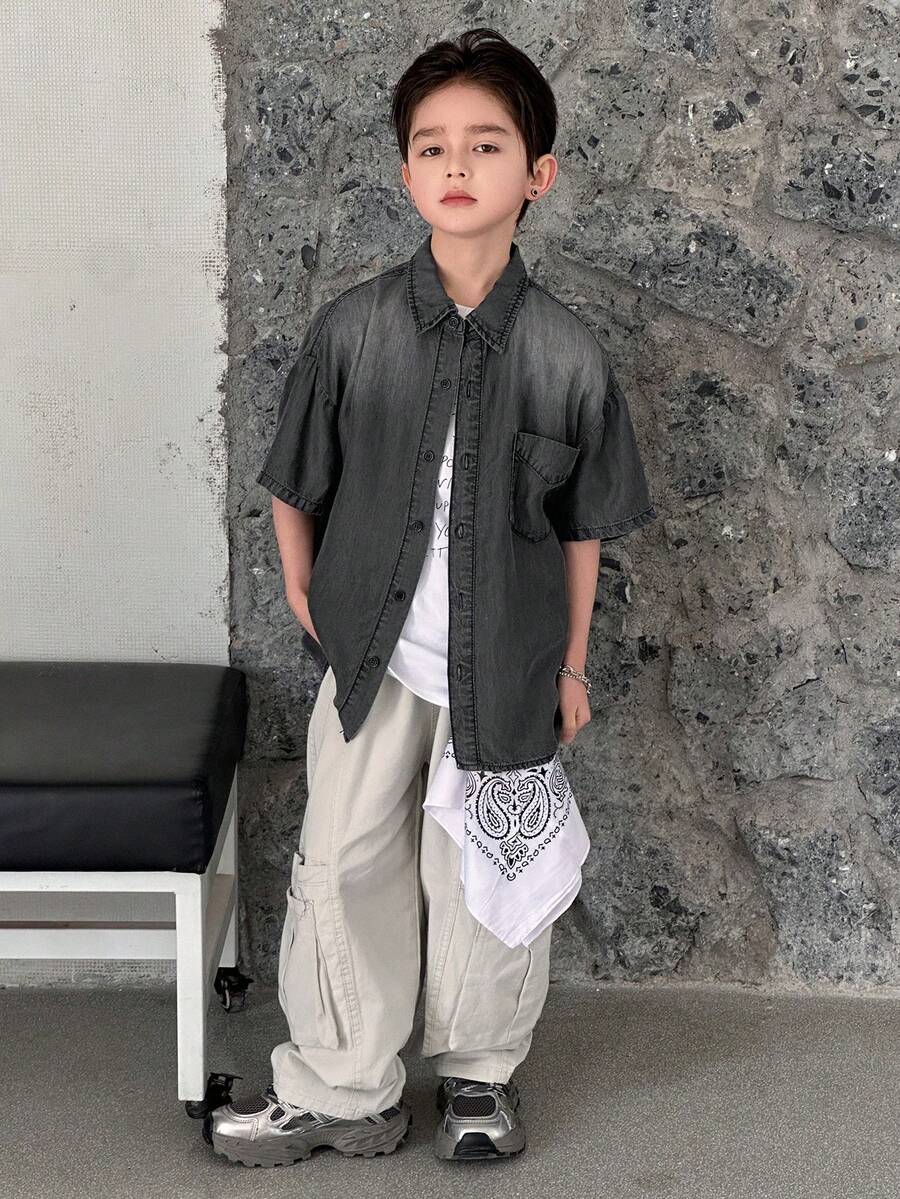 Dazy Kids Tween Boy Solid Color Front Button Pocket Casual Short Sleeve Denim Shirt Summer - Grey - View 1
