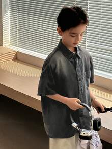 Dazy Kids Tween Boy Solid Color Front Button Pocket Casual Short Sleeve Denim Shirt Summer - Grey - View 7