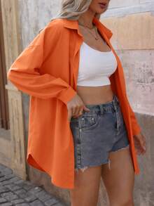 SHEIN Clasi 女士纯色落肩长袖单排扣休闲宽松衬衫 - 亮橙色 - 查看 4