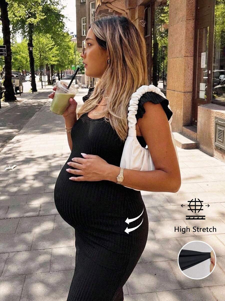SHEIN 孕妇纯色短袖罗纹修身优雅连衣裙 - 黑色 - 查看 1