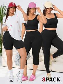 SHEIN EZwear 3件套加大码女式纯色休闲百搭日常穿着打底裤 - 黑色 - 查看 12