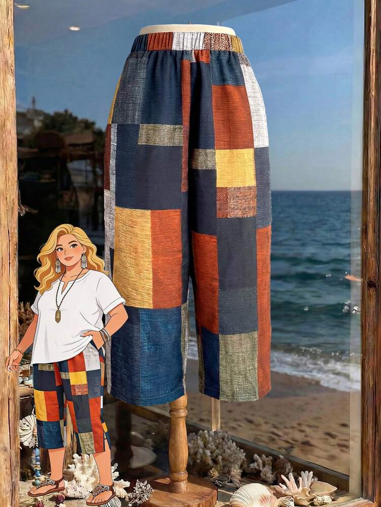 Plus Size Colorblock Plaid Print Casual Pants\Summer\Vacation Beach Pants Summer Outfits Summer Clothes  Spring  Spring Outfit Women Spring Clothes Country Style For Women Vacation Outfits Women Seaside Retro Mannequin Window Display Plaid Pants
