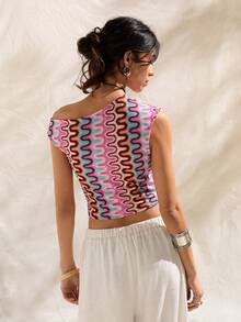 Easelle Áo tank top ngắn tay kẻ sọc cổ lệch vai dành cho nữ, thích hợp cho kỳ nghỉ. - Nhiều màu - Xem 2