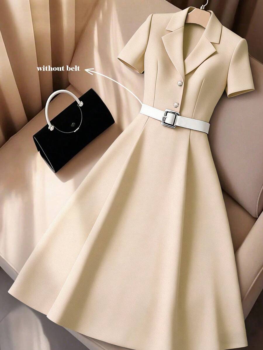 Franclia Mid-Length Dress With Coarse Bamboo Knot Fabric, Front & Center Metal Buckle, Faux Pearl & Metal Mushroom Button Decor Beige Dress Belted Dress Elegant Outfits For Women Short Sleeve Dress Elegant Dress For Women Dress Aesthetic Fashion Dress - Apricot - View 1