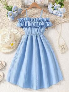SHEIN Girls' Casual Woven Ruffle Off-Shoulder Adjustable Simple Dress, Spring/Summer - Baby Blue - View 2