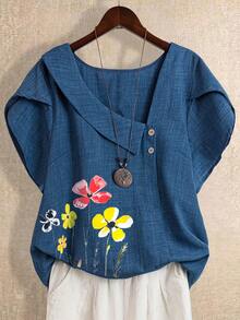 SHEIN LUNE CURVE 大码女式纯色休闲不对称领衬衫，夏季外出上衣，短袖亚麻衬衫，印花上衣 - 藍色 - 查看 1