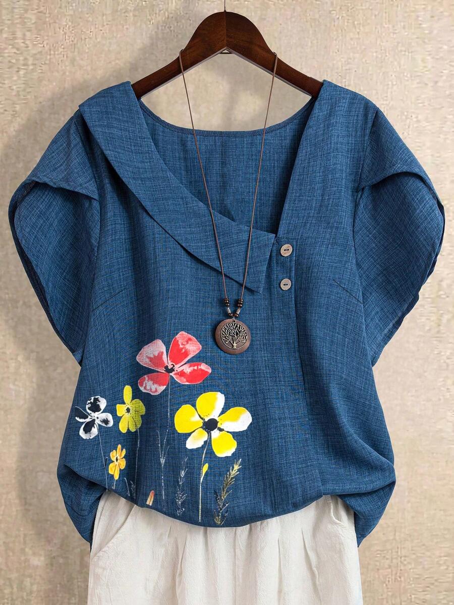SHEIN LUNE CURVE 大码女式纯色休闲不对称领衬衫，夏季外出上衣，短袖亚麻衬衫，印花上衣 - 藍色 - 查看 1