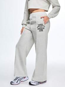 Eassivo Letter Print Drawstring Waist Casual Sports Pants - Apricot - View 4