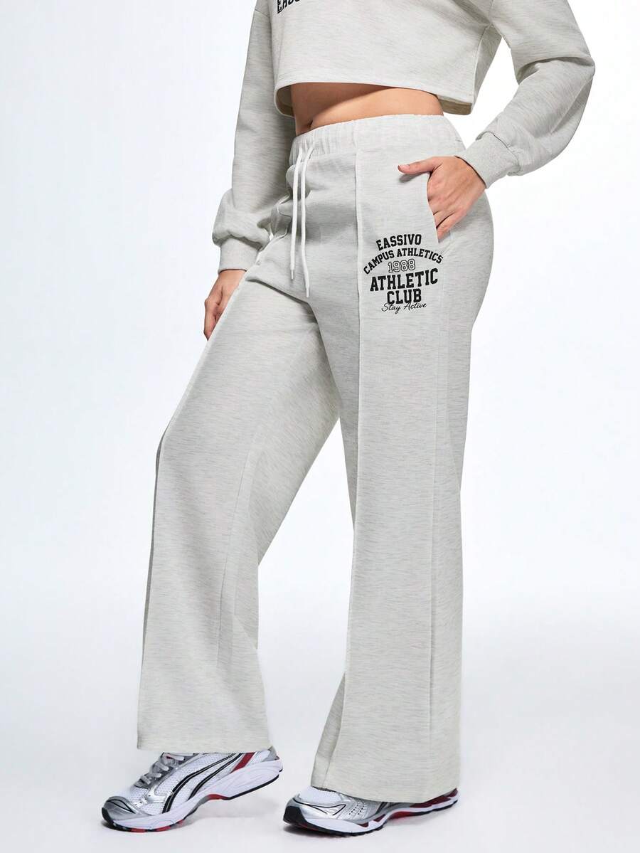 Eassivo Letter Print Drawstring Waist Casual Sports Pants - Apricot - View 1