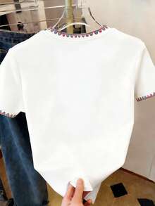 SHEIN Camiseta de manga corta de mujer de verano, nueva y de moda, con bordado de dientes de perro colorido, adecuada para citas, vuelta al colegio, Día del Maestro - Multicolor - Ver 2