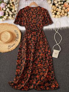 Trelyra Women's Black And Orange Ditsy Floral Dress,Boho Summer Holiday Vacation V-Neck Belted Knot Ruffle Hem Wrap Short Sleeve Regular Fit Maxi Long Dress - Mocha Brown - View 2