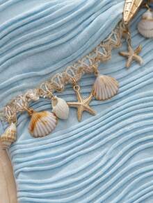 SHEIN 白色海星吊带背心 | 短款褶皱修身可拆卸蝴蝶结上衣，适合少女穿着，清新简洁的短款设计，海星装饰搭配珍珠链 | 海洋风甜美元素，精致的吊带设计搭配可拆卸蝴蝶结 | 弹性十足，可调节穿着方式，褶皱修身面料 | 贴合身形不紧绷，舒适时尚 - 藍色 - 查看 3