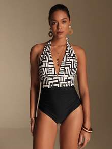 Swim Lushoire Traje de baño de una pieza con escote profundo y estampado geométrico para vacaciones de mujer - Multicolor - Ver 3