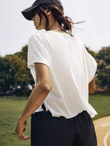 SHEIN Sports Women's Textured Bamboo Knit Loose Drop Shoulder Top,White Summer Casual Gym Yoga Tops,Short Sleeve Boat Neck Baggy T Shirt,Light Weight Plain Blouse - White - View 4