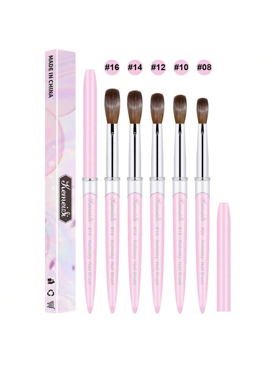 50% Mink Hair Acrylic Nail Brush, High-Quality Mink Hair Nail Brush, Wooden Handle, Gel Extension Nail Brush, Drawing Tool, Size 8/10/12 - Pink - View 1