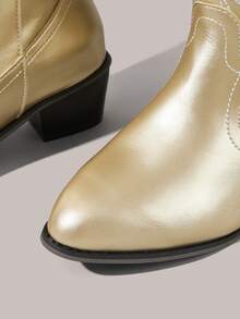 Styleloop Women's Red Western Embroidered Pull-On Ankle Boots, Leather Motorcycle Knee-High Boots, Chunky Heel Mid-Calf Boots - Golden leather - View 4