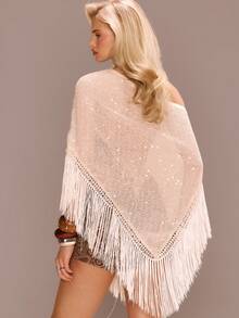 MUSERA Áo trễ vai đính sequin, tua rua, vạt áo bất đối xứng, thích hợp cho kỳ nghỉ hè, đi biển, Ibiza, lễ hội, thanh lịch, đêm giao thừa. - Kem - Xem 4