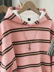 SHEIN EZwear Casual Minimalist Pink Printed Sweatshirt Sweatshirt, Suitable For Autumn/Winter - Multicolor - View 4