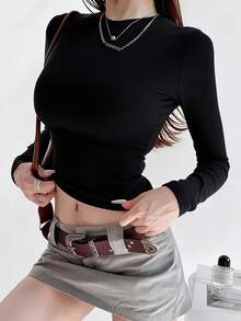 DAZY Áo thun dài tay nữ màu trơn, dáng ôm, đa năng, phong cách thường ngày. - màu đen - Xem 2
