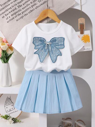SHEIN Sparklyn 女童Y2K甜美可爱3D蝴蝶结圆领短袖露脐针织T恤+纯色迷你百褶裙套装