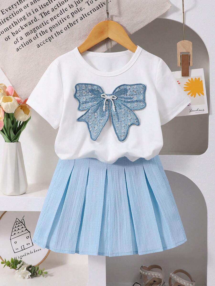 SHEIN 2件套 女童Y2K甜美可爱蝴蝶结圆领短袖露脐白色针织T恤+蓝色纹理迷你百褶裙套装 - 彩色 - 查看 1