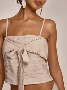 MUSERA Strappy Studded Ruched Tie Detail Bust Top Cute Summer Spring Sexy Going Out Beach Holiday Vacation Honey Tides - Light Grey - View 2