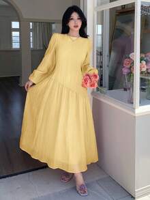 Women's Asymmetrical Loose Fit Comfortable Vacation Versatile Lantern Sleeve Dress, Spring/Autumn - Pale Yellow - View 3