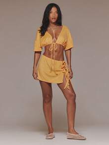 MUSERA Low Waist Tie Side Towling Mini Skirt Coord Skirt Only Cute Spring Holiday Vacation Occasion Ibiza Elegant Limonada - Orange - View 5