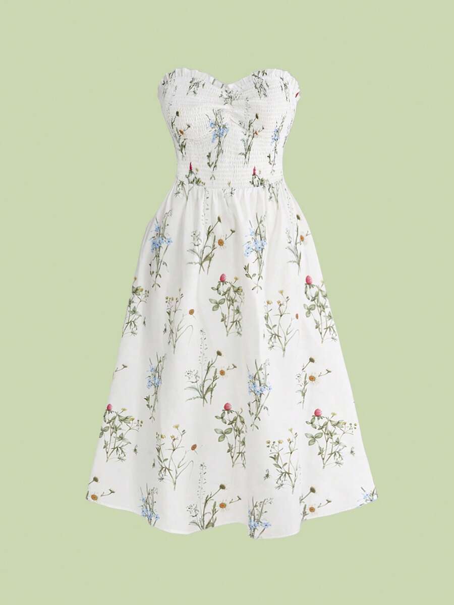 ROMWE Fairycore Plus Size Women Floral Print Bustier Design Midi Dress - White - View 1