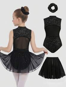 SHEIN 少女运动服三件套：闪亮优雅高弹力交叉露背紧身衣、配套打底裤和网纱裙 - 黑色 - 查看 1