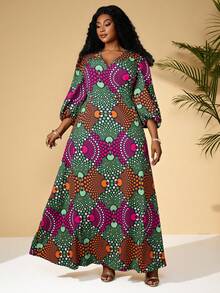 EMERY ROSE Vestido holgado de vacaciones con cuello en V y mangas farol con estampado geométrico para mujer de talla grande - Verde - Ver 5
