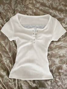 Glimmora Women's Casual Commuting Contrast Lace Half-Button Short Sleeve T-Shirt, Summer - White - View 3