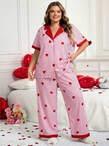 SHEIN CURVE+ 加大码女式条纹印花衬衫裤套装，情人节特惠，百搭秋季女装，冬季必备，加大码 - 粉色 - 查看 4